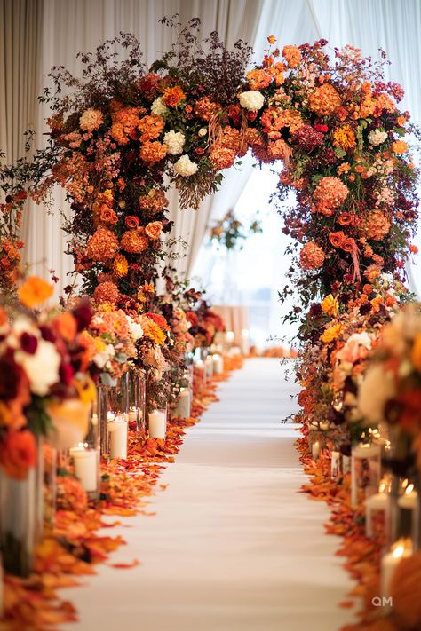 Romantic Fall Wedding Decor Inspirations featuring a floral archway and aisle adorned with autumn leaves and candles. Perfect for a rustic autumn wedding. Autumn Wedding Backdrop, Fall Wedding Backdrops, Autumn Wedding Decor, Spooky Wedding, Fall Backdrops, Warm Color Palette, Rustic Table Setting, Wooden Backdrops, Mountain Backdrop