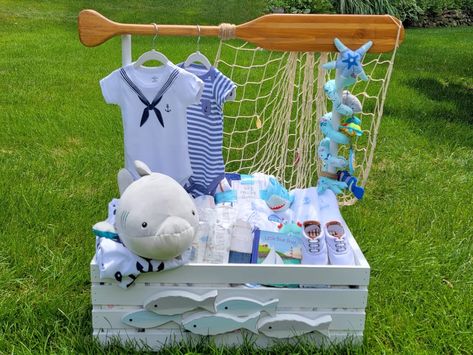 Nautical Gift Basket, Babyshower Gift Idea Boys, Baby Clothing Rack Gift Basket, Baby Boy Laundry Basket Gift, Baby Boy Shower Crate Gift Basket, Baby Boy Bathtub Gift Basket, Shark Baby Shower, Baby Shower Baskets, Baby Balloon