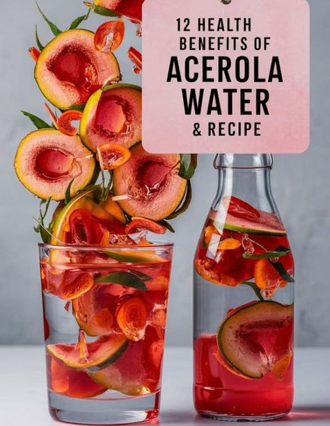 Acerola Water: Health Benefits, Recipe, Uses & Risks Fruit Water Recipes Health Benefits, Fruit Water Recipes, Water Health Benefits, Drinks Recipe, Water Health, Acerola Cherry, Honey Benefits, Powder Recipe, Cherry Recipes