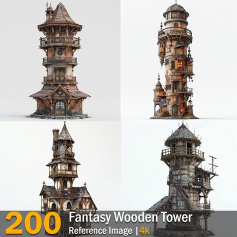 Fantasy Wooden Tower  | Reference Images | 4K,  on ArtStation at https://www.artstation.com/artwork/XJBEd0 Tower Reference, Steampunk Tower, Steampunk Castle, Steampunk Factory, Fantasy Buildings, Bridge Game, Steampunk Furniture, Steampunk House, Castle Tower