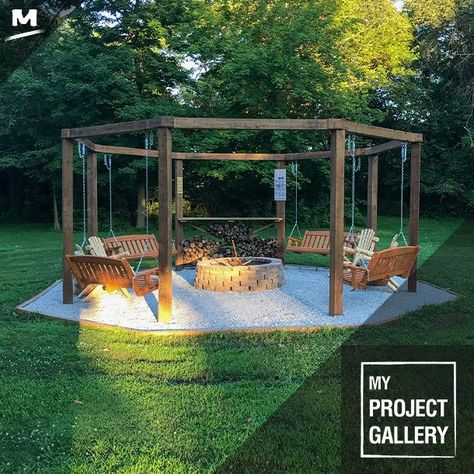 Octagon Fire Pit & Swings - Projet de Barry sur My Project Gallery Fire Pit With Swings, Octagon Fire Pit, Outdoor Fire Pit Seating, Pergola Outdoor Living, Gazebo With Fire Pit, Photo Lights, Fire Pit Swings, Outdoor Fire Pit Designs, Outdoor Fireplace Designs