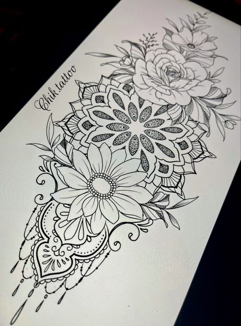 Feminine Tattoo Sleeves Stencil, Sunflower Mandala Tattoo Sleeve, Mandala Knee Tattoos Women, Mandala Tattoo Sketch, Sleeve Mandala Tattoo, Floral Leg Sleeve Tattoo, Tattoo Designs Fine Line, Mandala Floral Tattoo Design, Sketches Floral