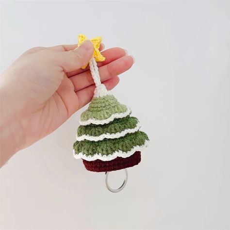 Ho Ho Ho! Merry Christmas! These cute crochet Christmas trees are here to join you on your holidays. It can be hung up on the tree as an ornament or just used as decor. Crochet Key Cover, Tao Tao, Tree Keychain, Crochet Christmas Tree, Crochet 101, Handmade Illustration, Crochet Xmas, Crochet Christmas Decorations, Crochet Hair Accessories