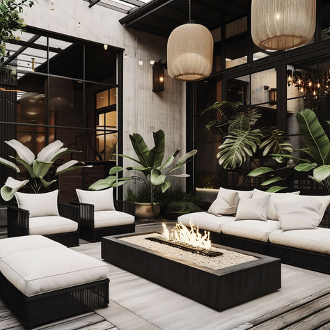 Recreate this amazing outdoor patio with finds from Amazon!  Click on the link to find affordable pieces to make your outdoor patio space your sanctuary.  Black wicker furniture, a cozy firepit, and rattan chandeliers create an effortless look.  #RHdupes #outdoorpatiofurniture #patiofurniture #outdoorspaces #blackpatio #amazoninfluener #amazonhomefinds Backyard Patio Seating Ideas, Modern Deck Decor, Moody Outdoor Patio, Black Patio Ideas, Outdoor Patio Ideas Modern, Patio Lounge Ideas, Black Patio Furniture Ideas, Tulum Patio, Rh Outdoor Furniture