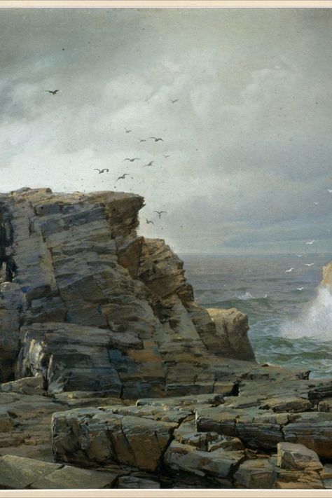 Rocky Coastline with with waves and seabirds Rocky Coastline with with waves and seabirds  William Trost Richards 1833-1905 Rocky Coastline, Rocky Coast, Wave Painting, Sea Birds, Seascape Paintings, Hunger Games, Rocky, Paintings, Clothes