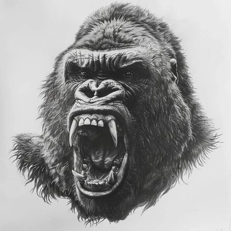 Gorilla Snarling, Angry Gorilla Drawing, Gorilla Art Drawing, Angry Gorilla Tattoo, Silverback Gorilla Tattoo, Gorilla Chest Tattoo, Gorilla Tattoo Ideas, King Kong Tattoo, Gorilla Tattoo Design