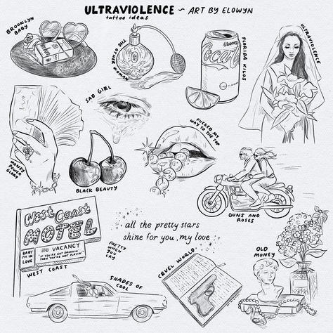 Lana Del Rey’s Ultraviolence as tattoo drawings Lana Del Rey Fan Tattoo, Lana Del Rey Tattoo Video Games, Cute Tattoos Lana Del Rey, Matching Lana Del Rey Tattoos, Life Imitates Art Tattoo Lana Del Rey, Lana Del Try Tattoo Ideas, Lana Del Rey Tiny Tattoo, Lana Feel Rey Tattoo Ideas, Lana Del Rey Tattoo Aesthetic