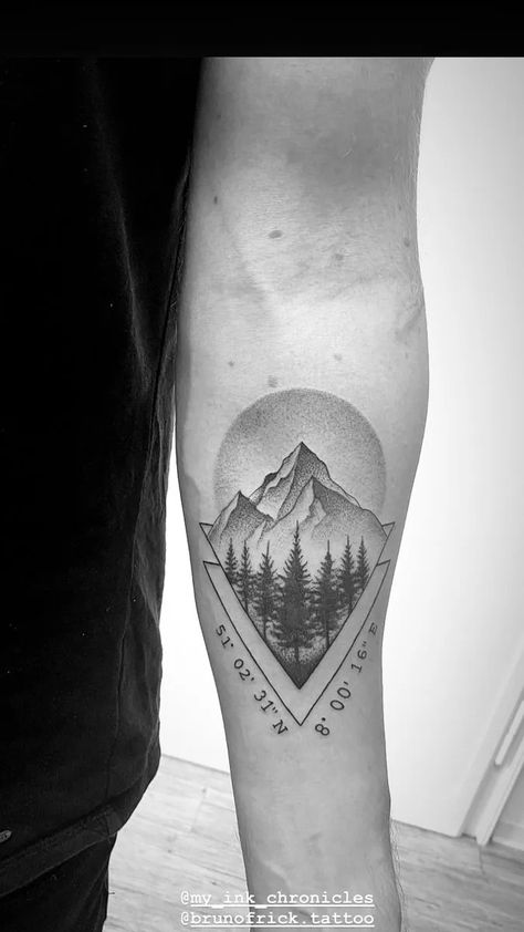 Mountains Tattoo Men, Geometric Mountain Tattoo Men, Mountain Tattoo Men Forearm, Forearm Tattoo Women Mountains, Mountain Hand Tattoo, Triangle Mountain Tattoo, Sun Mountain Tattoo, Mountain Geometric Tattoo, Mountain Forearm Tattoo