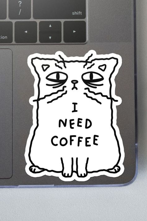 I need coffee cat Sticker Poorly Drawn Cats, White Fluffy Cat, Tired Cat, Drawn Cats, I Need Coffee, Coffee Cat, Cat Themed Gifts, Coffee Stickers, Need Coffee