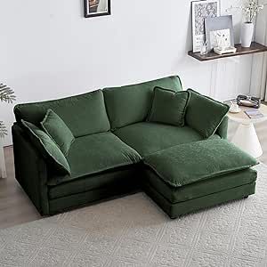 $379.99; GNIXUU Deep Seat Sectional Sofa Cloud Couch with Ottoman, 76.7" Modern Chenille Comfy Upholstered Modular Sofa L Shaped Couch for Living Room, Apartment, Studio, Office(Green) Vibe House, Couches For Small Spaces, Couch With Ottoman, Upholstered Couch, Modular Couch, 70s Mod, Elegant Sofa, Couch Set, Ottoman Set