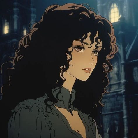 Black Curly Hair Anime, Character With Curly Hair, Girl Pfp Aesthetic, Curly Hair Anime, Curly Anime, Anime Curly Hair, Curly Hair Cartoon, Curly Hair Drawing, Hair Anime