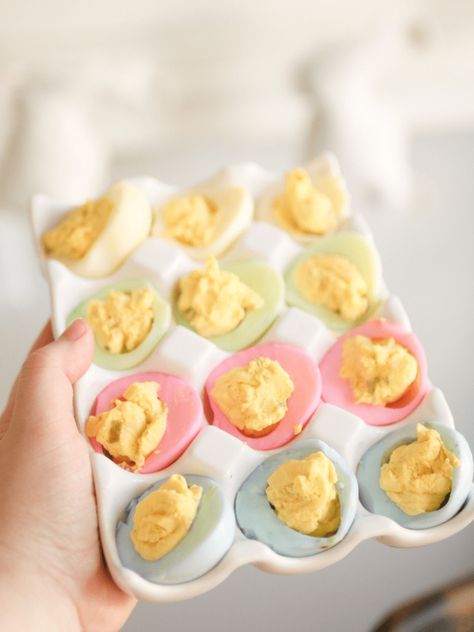 Deviled Egg Easter Basket, Pink And Blue Deviled Eggs Gender Reveal, Pastel Deviled Eggs, Blue Deviled Eggs, Dyed Deviled Eggs, Colored Deviled Eggs, Easter Deviled Eggs, Simple Gender Reveal, Easter 2024