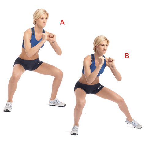 Lateral Shuffle: Stand with your feet slightly wider than hip-width apart and turned out 45 degrees. Bend into a squat with your knees over your ankles (a). From that position, step out with your left foot, keeping your knees bent in the squat position (b). Take a step with your right foot to return to start. Continue walking sideways, taking 10 steps to the right and then 10 to the left Lose Thigh Fat Fast, Leg Circles, Lose Thigh Fat, 15 Minute Workout, Inner Thigh Workout, Womens Health Magazine, Workout Stuff, Better Body, Best Cardio Workout