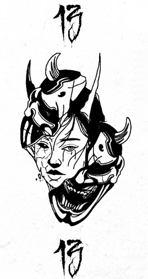 Three Faces Tattoo, Hanya Mask Tattoo, Oni Mask Tattoo, Cyberpunk Tattoo, Mask Drawing, S Tattoos, Tattoos Sleeve, Oni Mask, Mask Tattoo