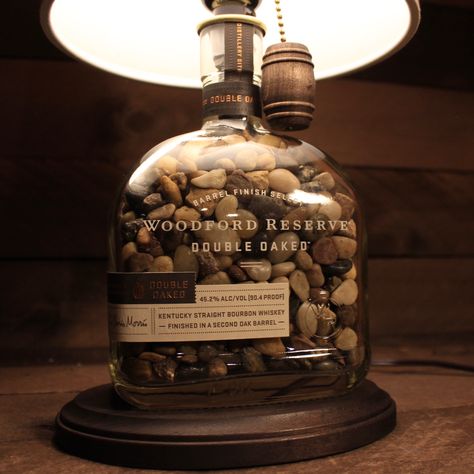 Whiskey Bottle Crafts, Whiskey Bottle Lamp, Woodford Reserve Double Oaked, Kona Stain, Old Liquor Bottles, Empty Liquor Bottles, Alcohol Bottle Crafts, Brown Lamp, Liquor Bottle Lamp