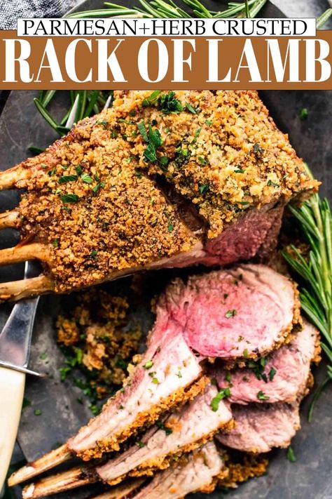 This Rack of Lamb with Herb Crust recipe is juicy, tender and delicious. Cooked in the oven to a perfect medium-rare and encrusted with parmesan cheese & fresh herbs. Lamb Recipes Oven, Lamb Rack Recipe, Herbs Recipes, Crusted Rack Of Lamb, Lamb Dinner, Lamb Chop Recipes, Lamb Ribs, Weeknight Recipes, Lamb Dishes