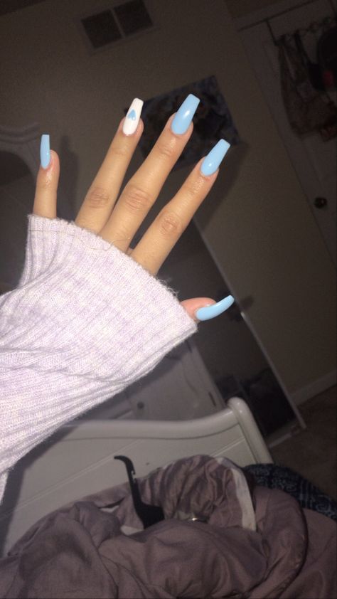 Light Blue Valentines Day Nails, Blue Nails Coffin Medium, Blue Valentines Nails, Blue Valentine Nails, Valentines Nails Blue, Uñas Ideas, Blue And White Nails, Blue Coffin Nails, Vday Nails