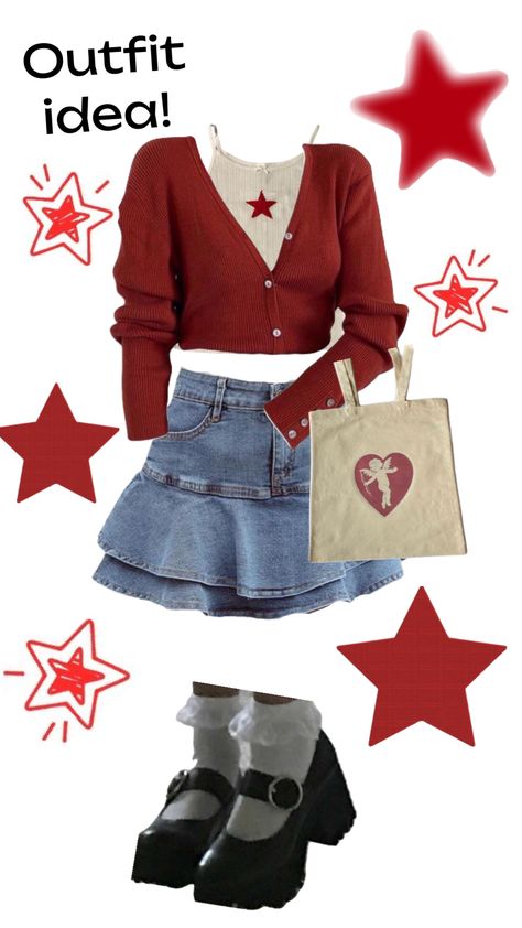 #y2k #outfit #cute #grunge #coquette #coquetteoutfit #grungeoutfits #slay Red Girly Outfit, Red And Blue Outfit Ideas, Pink Lovecore Outfit, Cute November Outfits, Red Coquette Clothes, Movie Fits Ideas, Cherry Red Style, Red Outfit Collage, Cute Red White And Blue Outfits