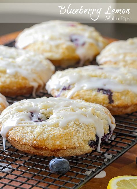 Blueberry Lemon Muffin Tops with Lemon Glaze #muffins #blueberry #baking Muffin Top Recipes, Blueberry Muffin Topping, Lemon Blueberry Pound Cake, Muffin Top Pan, Happy Hour Appetizers, Basic Muffin Recipe, Blueberry Pound Cake, Lemon Treats, Muffin Tops