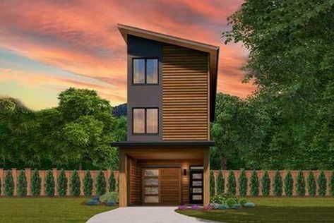 Blends rustic charm with industrial elements for a distinctive design. Narrow House Plans, Narrow Lot House, Narrow Lot House Plans, Small House Layout, Building A Container Home, Townhouse Designs, Garage House Plans, Modern Style House Plans, Narrow House