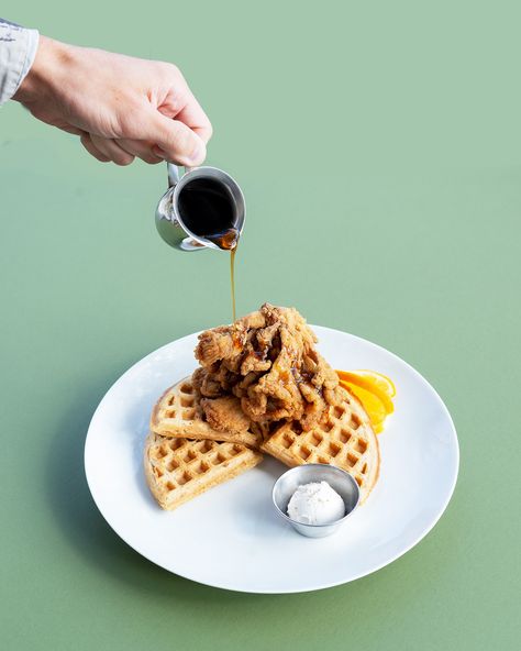 Grateful Breakfast on Behance, Waffles, Green, Color Photography, Chicken and Waffles -Talia Dinwiddie Contrast Photos, High Contrast Photos, Photos Of Food, Sunday Photos, Brand Magazine, Chicken And Waffles, High Contrast, A Restaurant, Food Photo