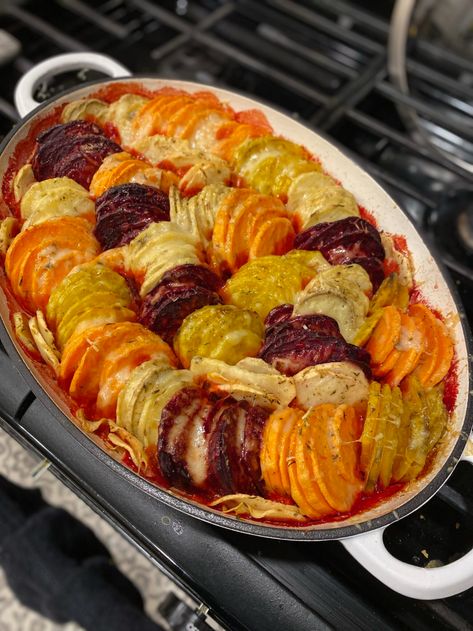 Root Vegetable Gratin - Weavers Orchard Root Vegetable Recipes, Root Vegetable Gratin, Vegetable Gratin, Root Vegetables Recipes, Easy Fall Dinners, Layered Potato, Cauliflower Gratin, Japanese Sweet Potato, Golden Beets