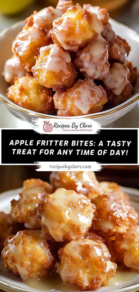 Crispy on the outside and soft on the inside, these apple fritter bites are the perfect anytime treat!  Ingredients:  1 cup all-purpose flour 1 ½ cups peeled, diced apples ⅓ cup milk 1 tbsp butter (melted) Oil for frying  Deliciously golden apple fritter bites with a tender apple filling, perfect with a dusting of powdered sugar for extra sweetness! Morning Party Snacks, Apple Pie Fritters, Crispy Fried Apples, Baked Apple Fritter Muffins, Diy Apple Fritters, Baked Apple Cinnamon Donut Recipe, Mini Apple Fritters, Easy Fritters Recipe, Fried Apple Fritters Recipe