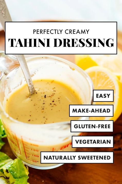 You’re going to love this delicious CREAMY tahini dressing! It’s SO SIMPLE to make, full of nutritious ingredients and goes with everything! #cookieandkate #tahinidressing #saladdressing #veganrecipe #tahini Dressing With Tahini, Simple Tahini Dressing, Recipes Using Tahini Paste, Tahini Salad Dressing, Tahini Sauce Recipe, Tahini Dressing Recipe, Healthy Honey, Doner Kebab, Honey Mustard Dressing