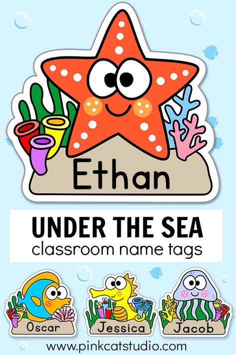 Name Tag For Kindergarten, Under The Sea Theme Preschool Decoration, Under The Sea Birthday Board Classroom, Classroom Decor Under The Sea, Ocean Theme Alphabet Letters, Under The Sea Classroom Theme Decor, Ocean Theme Name Tags, Under The Sea Preschool Classroom, Kindergarten Name Tags Printable