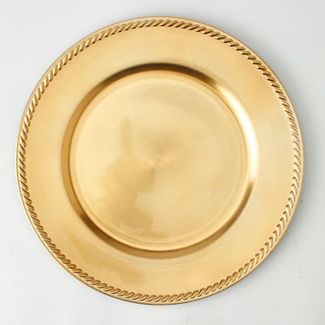 Charger Plate - Google Search Table Plates, Moms 60th, Gold Charger Plate, Metal Cake Stand, Ceiling Draping, Event Decor Direct, Rope Border, Gold Chargers, Candle Arrangements