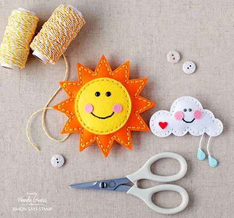 1 SIMON SAYS STAMP SPRING PLUSH FELT SUN AND CLOUD BY WANDA GUESS Baby Mobil, Felt Crafts Patterns, Felt Crafts Diy, Bantal Sofa, Felt Patterns, Felt Decorations, Sewing Toys, Felt Diy, Baby Crafts