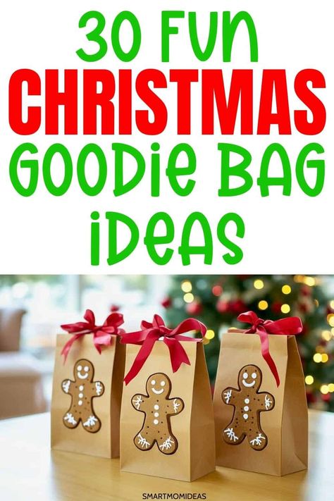 Check out these 30+ things for your Christmas goodie bad. These Christmas favors are for your family to have fun on Christams day! Save this pin for later! Holiday Goodie Bags For Work, Office Christmas Goodie Bags, Christmas Treat Gifts For Kids, Cute Christmas Gift Bag Ideas, School Christmas Party Goodie Bags, Class Treat Bags For Christmas, Diy Christmas Goodie Bags For Coworkers, Small Christmas Goodie Bags, Classroom Christmas Treat Bags