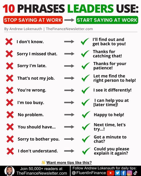 Business Infographics on LinkedIn: 10 Phrases Leaders Use  Credits to Andrew Lokenauth, follow him for more… Effective Leadership Skills, Business Communication Skills, Work Etiquette, Good Leadership Skills, Email Writing, Positive Work Environment, Startup Marketing, Effective Leadership, Work Skills