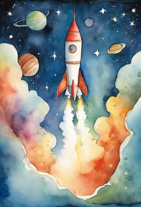 Space Themed Painting, Watercolor Space Art, Watercolor Art Space, Watercolor Space Painting, Star Watercolor, Watercolour Space, Outer Space Illustration, Rocket Painting, Rocket Ship Painting