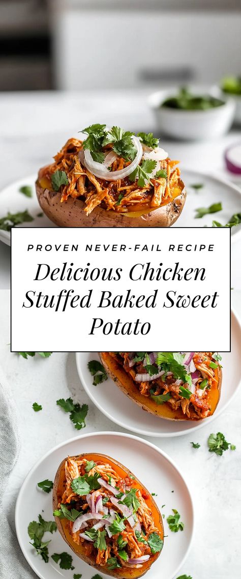 Image for Delicious Chicken Stuffed Baked Sweet Potato Loaded Sweet Potato With Chicken, Filled Sweet Potato Recipes, Easy Chicken Sweet Potato Recipes, Baked Chicken With Sweet Potatoes, Rotisserie Chicken Sweet Potato Recipes, Chicken Stuffed Sweet Potato Recipes, Sweet Potato Chicken Recipes, Sweet Potato Dinner Ideas, Bbq Chicken Stuffed Sweet Potato