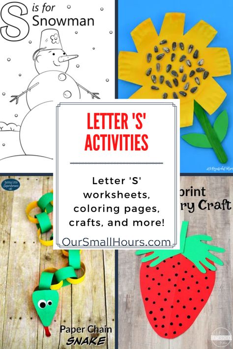 Help your little ones learn all about the letter S with these fun preschool letter S activities. You'll find Letter S worksheets, Letter S crafts, Letter S coloring pages and more! These free Letter S resources are worth saving. #lettersactivities #lettersworksheets #letterscoloringpages #letterscrafts #preschoolhomeschool #homeschool #letters | oursmallhours.com Phonics S Activities, Letter S Lessons For Preschool, Letter S Books For Preschool, S Letter Activities, Preschool Letter S Crafts, Letter S Projects For Preschool, Letter S Activity For Preschool, Letter S Crafts For Kindergarten, Letter S Activities For Preschool Crafts