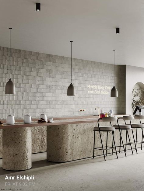 White Restaurant Interior Design, Concrete Design Interior, Concrete Wood Interior, Restaurant Counter Design, Minimal Bar, Concrete Bar, Wood Cafe, Interior Minimal, Small Cafe Design