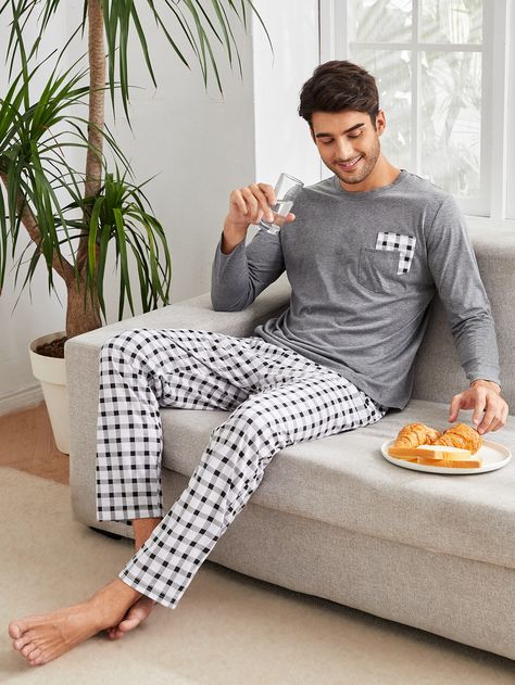 Multicolor   Long Sleeve  Gingham Pajama Sets Embellished Slight Stretch  Men Underwear & Loungewear Men Pajamas Fashion, Mens Night Suit, Lounge Wear Men, Mens Pjs, Men Nightwear, Men Loungewear, Pajama Pattern, Preppy Men, Mens Nightwear