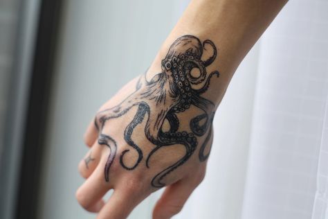 Octopus Hand Tattoo, Tattoos Octopus, Tattoo Octopus, Trippy Tattoo Ideas, Trippy Tattoo, Typography Tattoo, Octopus Tattoo Design, Octopus Tattoos, Aquarius Tattoo