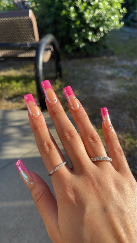 Pink Chrome French Tip Nails Square, Pink Chrome Nails Square, Hot Pink Chrome Nails, Hot Pink French Tips, Hot Pink French Tip, Hot Pink Chrome, Bratz Core, Pink Tip Nails, Bday Nails