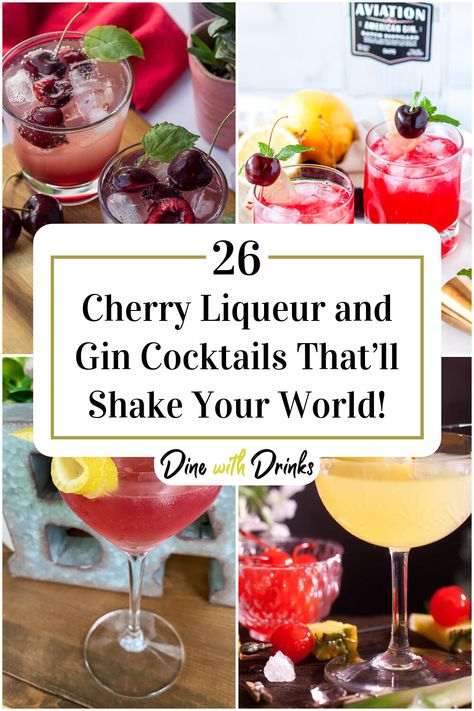 Collage of 4 cherry liqueur and gin cocktails. Cherry Herring Cocktails, Cherry Liqueur Cocktails, Pink Gin Cocktails, Cherry Bounce, Liqueur Drinks, Brandy Cocktails, Liquor Recipes, Cherry Brandy, Cherry Cocktail