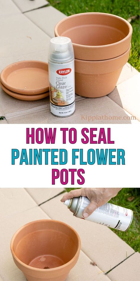 clay flower pots with a can of sealer on cardboard Painting Pots Terracotta, Flower Pot People Diy How To Make, How To Paint Terra Cotta Pots Outdoor, How To Paint A Terra Cotta Pot, Diy Clay Pots Crafts, Terracotta Pot Decor, Painting Clay Pots Ideas, Easy Terracotta Pot Painting, Diy Terra Cotta Pots Paint Craft Ideas