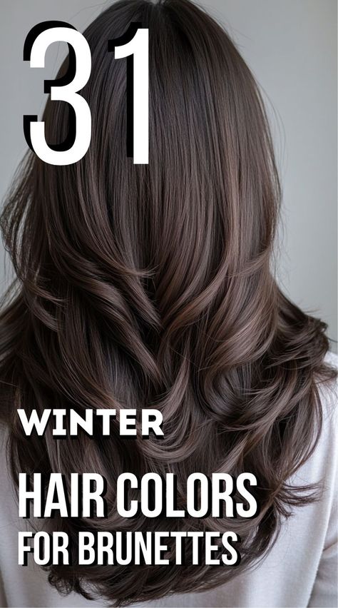 "31 gorgeous winter hair colors for brunettes! Whether you're going for a bold dark brown or subtle caramel highlights, these colors are perfect for adding warmth and dimension to your winter style. 💇‍♀️✨ #BrunetteHairGoals #WinterHairInspiration #HairColorIdeas" Brunette Hair All Over Color, Brunette Winter Highlights, Winter Hair Color For Brunettes Long, Highlights For Dark Brown Hair Winter, Easy Maintenance Hair Color Brunette, Low Maintenance Dimensional Brunette, Winter Brunette Hair Color Highlights, Adding Dimension To Dark Brown Hair, Hair Color For Dark Brown Hair