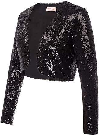 Belle Poque Women's Sequin Jacket Long Sleeve Open Front Glitter Cropped Blazer Bolero Shrug S-XXL Cardigan For Dress, Glitter Cardigan, Shrug For Dresses, Formal Evening Wear, Bolero Shrug, Cropped Coat, Cropped Blazer Jacket, Trendy Jackets, Cardigan Crop