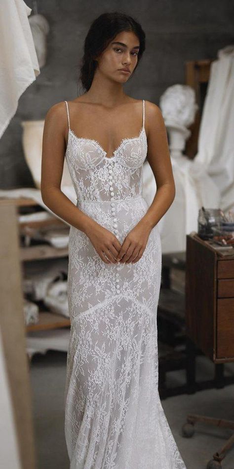 Fantastic Lace Beach Wedding Dresses ★ #bridalgown #weddingdress Beach Style Wedding Dresses, Wedding Dresses Sheath, Beach Bridal Dresses, Plain Wedding Dress, Wedding Corset, Sheath Wedding Dress Lace, Spaghetti Strap Wedding Dress, Beach Wedding Gown, Beach Wedding Dresses