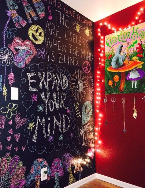 Chalkboard Paint Wall, Hippy Bedroom, Chalkboard Wall Bedroom, Hippie Room, Trippy Room, Hangout Room, Hippie Bedroom, Chalk Wall, Hippy Room