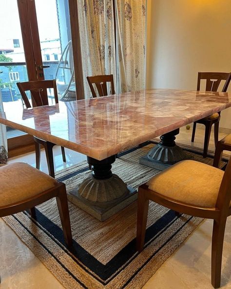 Rose Quartz Dining Table - Unique Gemstone Decor for Your Home - Pink Crystal Gemstone Table - Rose Quartz Accent Furniture by IndianCraftsHouse on Etsy Quartz Dining Table, Quartz Island, Meeting Desk, Kitchen Counter Bar, Coffee Dining Table, Kitchen Slab, Gemstone Decor, Table Rose, Agate Table