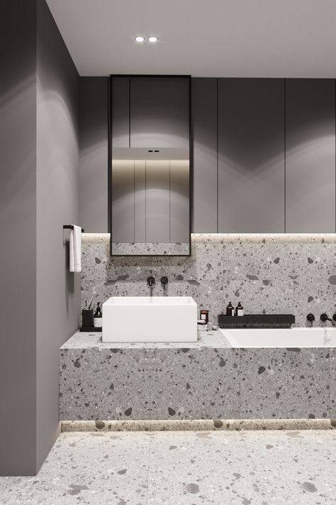 Terrazzo bathroom on Behance Terrazzo And Black Bathroom, Gray Terrazzo Bathroom, Grey Terrazzo Bathroom Design, Terrazzo Tiles Bathroom, Grey Terrazzo Bathroom, Terrazzo Bathroom Grey, Terazzo Bathroom Interior Design Grey, Terazzo Bathroom Wall Tiles, Luxury Powder Room