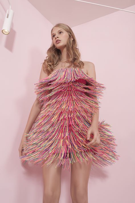 Dafna May pink dress with fringes Rainbow Fringe Dress, Pink Tassel Dress, Pink Fringe Outfit, Abba Wedding, 70s Chic, Garment Inspiration, Taylor Swift Costume, Fringe Clothing, Pink Stuff