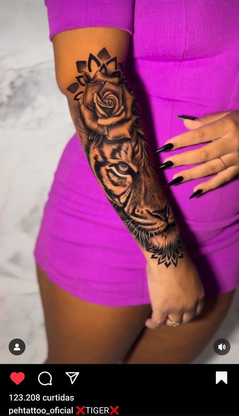 Tiger Leopard Tattoo, Leo Arm Tattoo, Leo Arm Tattoos For Women, Meaningful Arm Tattoos Men, Lion Tattoo Sleeves Women, Tiger Tattoo Bicep, Leo Sleeve Tattoos For Women, Female Quarter Sleeve Tattoo, Dope Leg Tattoos For Women